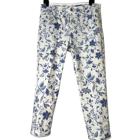 J.Jill  Eggshell Ornate Vines Cropped Raw Hem Jeans Blue & White Women's Size 10 - Picture 1 of 8